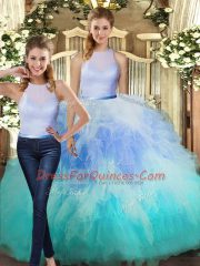 Multi-color Quinceanera Gown Military Ball and Sweet 16 and Quinceanera with Ruffles High-neck Sleeveless Backless