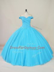 Blue Ball Gowns Beading Quinceanera Gowns Lace Up Tulle Sleeveless Floor Length