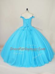 Blue Ball Gowns Beading Quinceanera Gowns Lace Up Tulle Sleeveless Floor Length