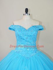 Blue Ball Gowns Beading Quinceanera Gowns Lace Up Tulle Sleeveless Floor Length