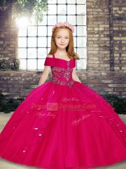 Fuchsia Ball Gowns Straps Sleeveless Floor Length Lace Up Beading Kids Pageant Dress