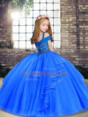 Fuchsia Ball Gowns Straps Sleeveless Floor Length Lace Up Beading Kids Pageant Dress