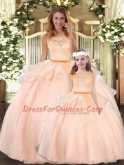 Lace 15 Quinceanera Dress Peach Zipper Sleeveless Floor Length