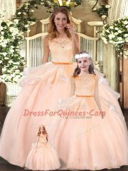 Lace 15 Quinceanera Dress Peach Zipper Sleeveless Floor Length