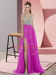 Fuchsia Sleeveless Chiffon Sweep Train Zipper for Prom and Party