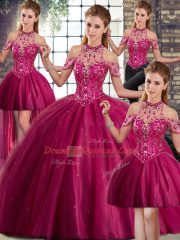 Charming Sleeveless Tulle Brush Train Lace Up Quinceanera Dress in Fuchsia with Beading