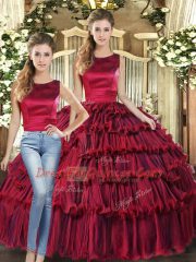 Exceptional Two Pieces Quince Ball Gowns Wine Red Scoop Organza Sleeveless Floor Length Lace Up