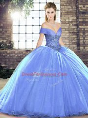 Flirting Brush Train Ball Gowns Quinceanera Dresses Lavender Off The Shoulder Organza Sleeveless Lace Up