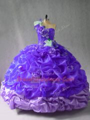 Cute Purple Ball Gowns Pick Ups and Hand Made Flower 15th Birthday Dress Lace Up Organza Sleeveless Floor Length