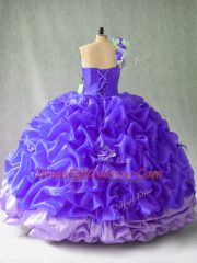 Cute Purple Ball Gowns Pick Ups and Hand Made Flower 15th Birthday Dress Lace Up Organza Sleeveless Floor Length