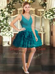 Unique Teal Ball Gowns Ruffles Backless Organza Sleeveless Mini Length