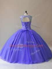 Sleeveless Tulle Floor Length Lace Up Sweet 16 Quinceanera Dress in Purple with Beading