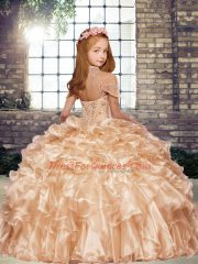 Floor Length Lace Up Kids Pageant Dress Aqua Blue for Party and Military Ball and Wedding Party with Beading and Ruffles