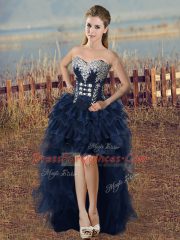 Navy Blue Lace Up Sweetheart Beading and Ruffled Layers Prom Dress Organza Sleeveless