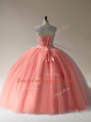 Romantic Ball Gowns Vestidos de Quinceanera Peach Scoop Tulle Sleeveless Floor Length Lace Up