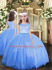 High Quality Blue Ball Gowns Scoop Sleeveless Tulle Floor Length Clasp Handle Lace Ball Gown Prom Dress