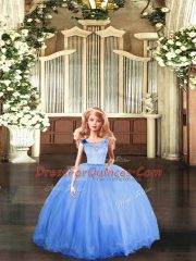 High Quality Blue Ball Gowns Scoop Sleeveless Tulle Floor Length Clasp Handle Lace Ball Gown Prom Dress