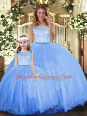 High Quality Blue Ball Gowns Scoop Sleeveless Tulle Floor Length Clasp Handle Lace Ball Gown Prom Dress