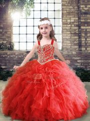 Cute Beading and Ruffles Little Girls Pageant Gowns Red Lace Up Sleeveless Floor Length
