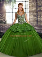 Stunning Floor Length Lace Up Quince Ball Gowns Green for Military Ball and Sweet 16 and Quinceanera with Beading and Appliques