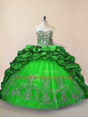 Customized Green Sweetheart Lace Up Beading and Pick Ups Ball Gown Prom Dress Brush Train Sleeveless