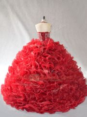 Beading and Ruffles Quinceanera Gowns Red Lace Up Sleeveless Brush Train