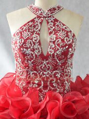 Beading and Ruffles Quinceanera Gowns Red Lace Up Sleeveless Brush Train