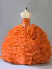 Classical Orange Ball Gowns Sweetheart Sleeveless Organza Floor Length Lace Up Beading and Pick Ups Quinceanera Dress