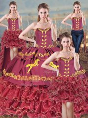Great Burgundy Sweetheart Lace Up Embroidery Quinceanera Dresses Brush Train Sleeveless