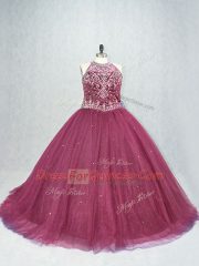 Lace Up Vestidos de Quinceanera Burgundy for Sweet 16 and Quinceanera with Beading Brush Train