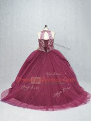 Lace Up Vestidos de Quinceanera Burgundy for Sweet 16 and Quinceanera with Beading Brush Train