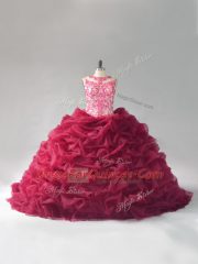 Clearance Burgundy Ball Gowns Beading and Pick Ups Quinceanera Dress Lace Up Organza Sleeveless