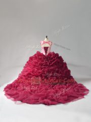 Clearance Burgundy Ball Gowns Beading and Pick Ups Quinceanera Dress Lace Up Organza Sleeveless