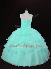 Fabulous Sleeveless Floor Length Ruffles and Hand Made Flower Lace Up 15 Quinceanera Dress with Apple Green