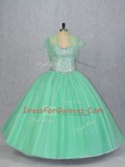 Fitting Sleeveless Floor Length Beading Lace Up Quince Ball Gowns with Apple Green