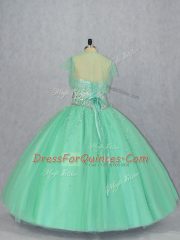 Fitting Sleeveless Floor Length Beading Lace Up Quince Ball Gowns with Apple Green