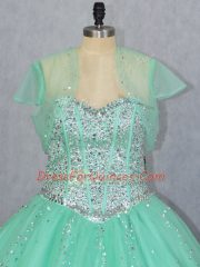 Fitting Sleeveless Floor Length Beading Lace Up Quince Ball Gowns with Apple Green