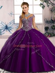 Fine Purple Lace Up Ball Gown Prom Dress Beading Cap Sleeves Brush Train