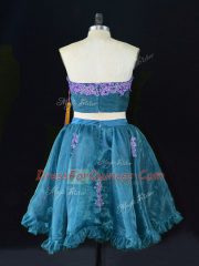 High Class Teal Sleeveless Mini Length Appliques and Ruffles Zipper Homecoming Dress