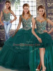 New Style Peacock Green Three Pieces Straps Sleeveless Tulle Floor Length Lace Up Beading and Ruffles Sweet 16 Dress