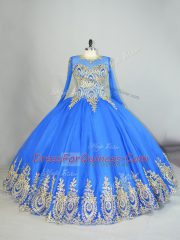 High-neck Long Sleeves Lace Up 15th Birthday Dress Blue Tulle