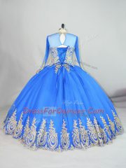 High-neck Long Sleeves Lace Up 15th Birthday Dress Blue Tulle
