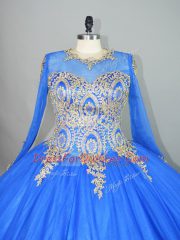 High-neck Long Sleeves Lace Up 15th Birthday Dress Blue Tulle