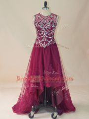 Burgundy Scoop Neckline Beading and Lace Dress for Prom Sleeveless Lace Up