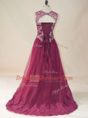 Burgundy Scoop Neckline Beading and Lace Dress for Prom Sleeveless Lace Up