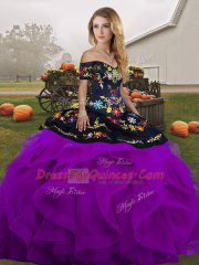 Black And Purple Ball Gowns Tulle Off The Shoulder Sleeveless Embroidery and Ruffles Floor Length Lace Up Quince Ball Gowns