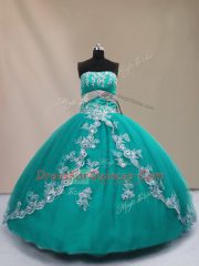 Turquoise Sleeveless Appliques Floor Length 15 Quinceanera Dress