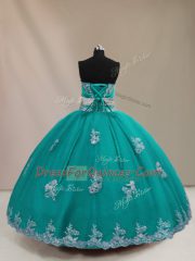 Turquoise Sleeveless Appliques Floor Length 15 Quinceanera Dress