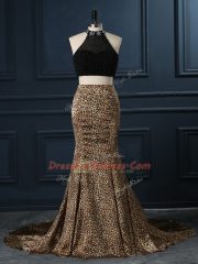 High Class Court Train Two Pieces Prom Dresses Black High-neck Printed Sleeveless Zipper