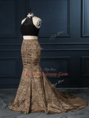 High Class Court Train Two Pieces Prom Dresses Black High-neck Printed Sleeveless Zipper